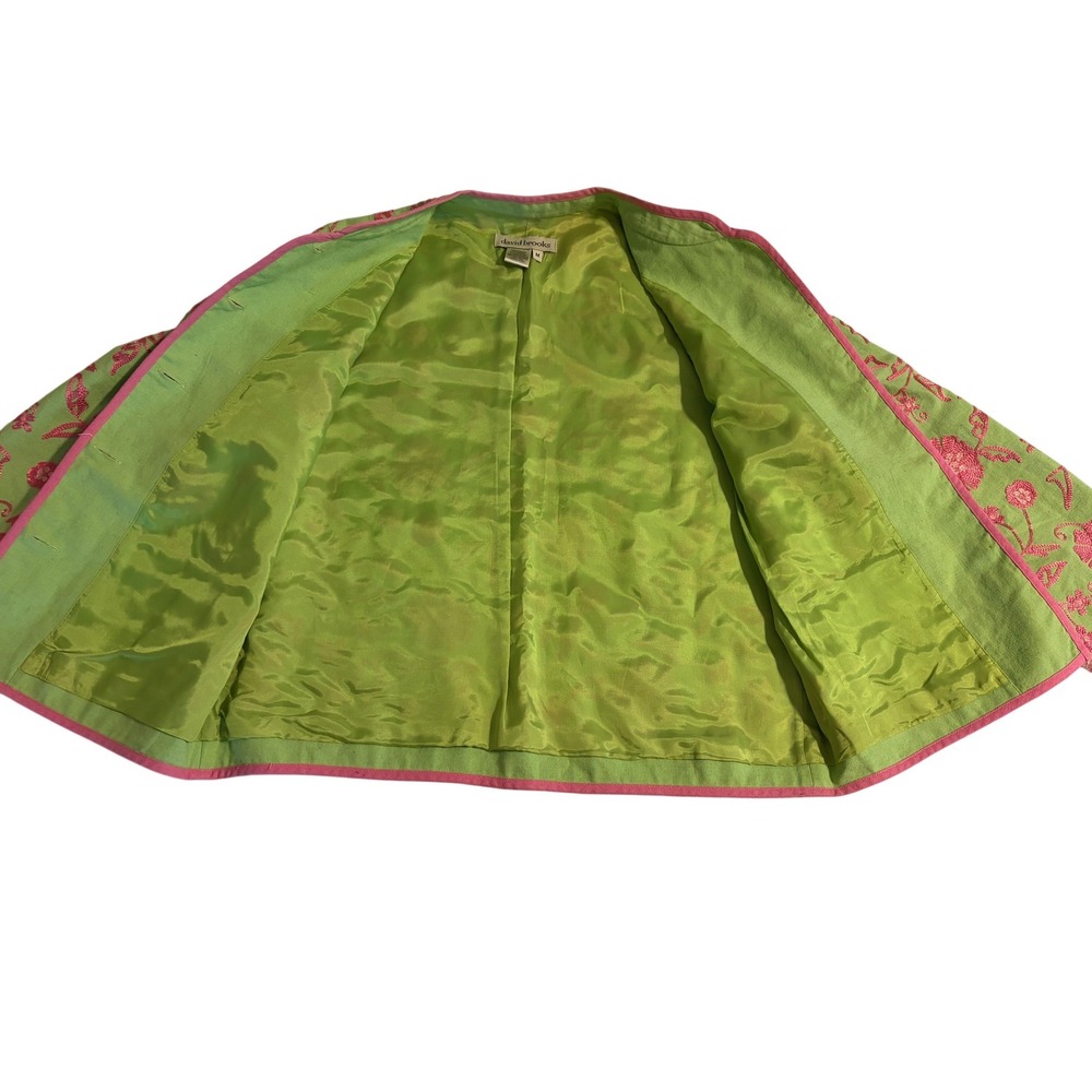 David Brooks Womens Linen Floral Embroidered Blazer Jacket Green Pink Size M - Picture 5 of 9